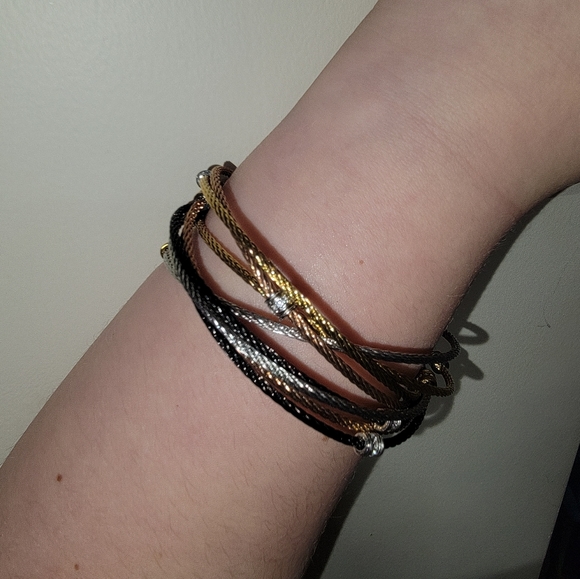 QVC Stainless Steel Multi-Cable Tri-Color Crystal Rolling Bracelet - Picture 5 of 6